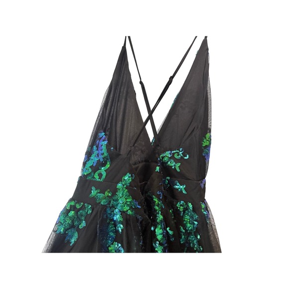 Love & Lemonade Maxi Gown Womens Black Green Sequin Double Slit Hollywood Glam - Picture 11 of 16